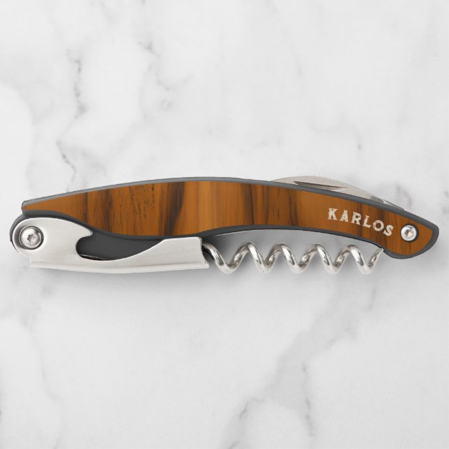 Brown Mahogany Wood Texture Custom Name Corkscrew (Front)