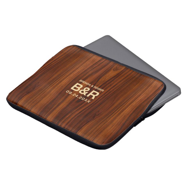 Brown Mahogany Wood Wedding Monogram Laptop Sleeve (Front Top)