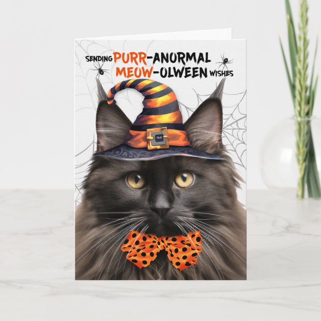 Brown Maine Coon Cat PURRanormal MEOWolween Holiday Card (Front)