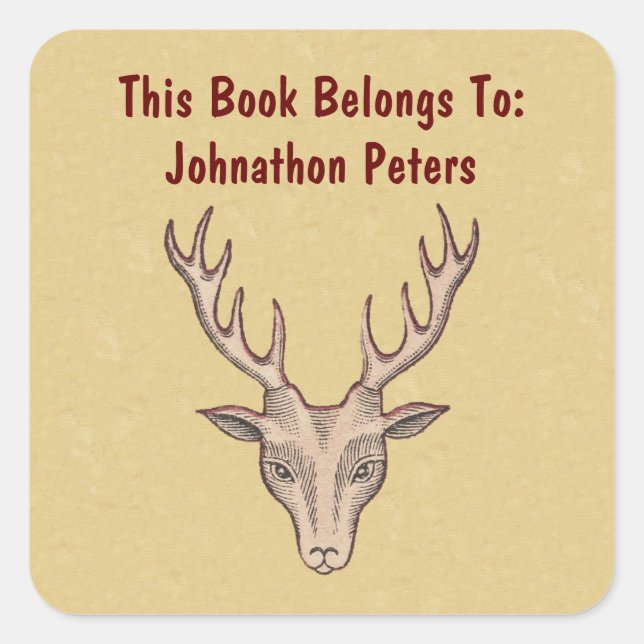 Brown Male Head of Deer Antlers Red Outline Tan Square Sticker (Front)