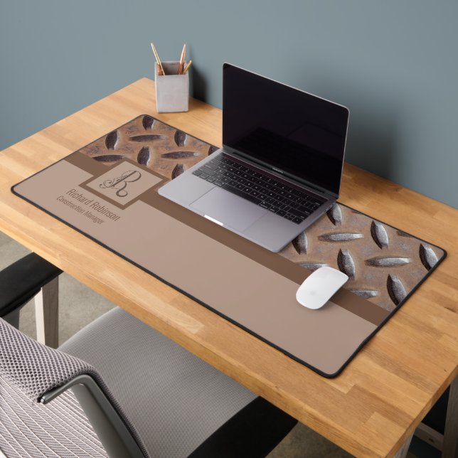 Brown Manhole Cover Pattern, Monogram Name & Title Desk Mat (Office 2)