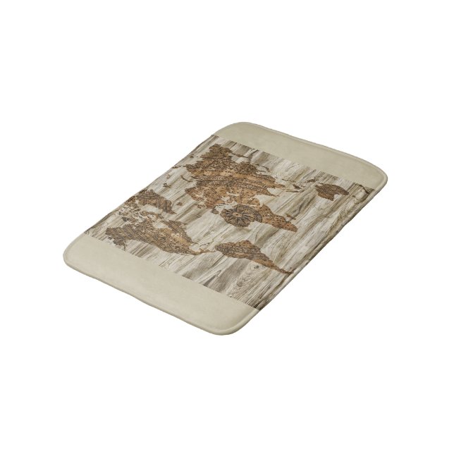 Brown map of the world print bath mat (Angled)