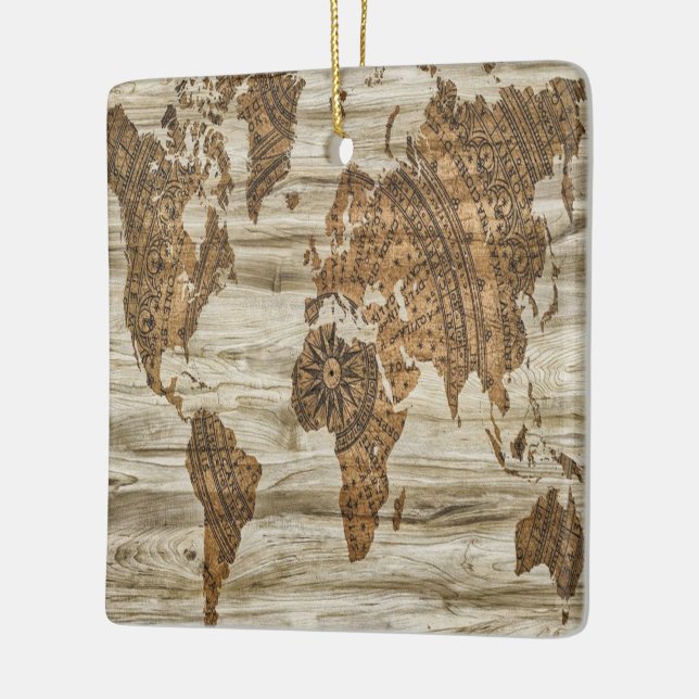 Brown map of the world print ceramic ornament (Left)