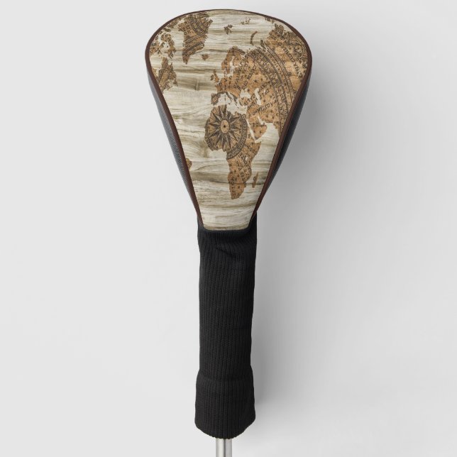 Brown map of the world print golf head cover (Front)