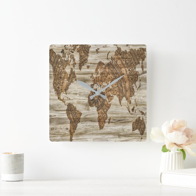 Brown map of the world print square wall clock (Home)