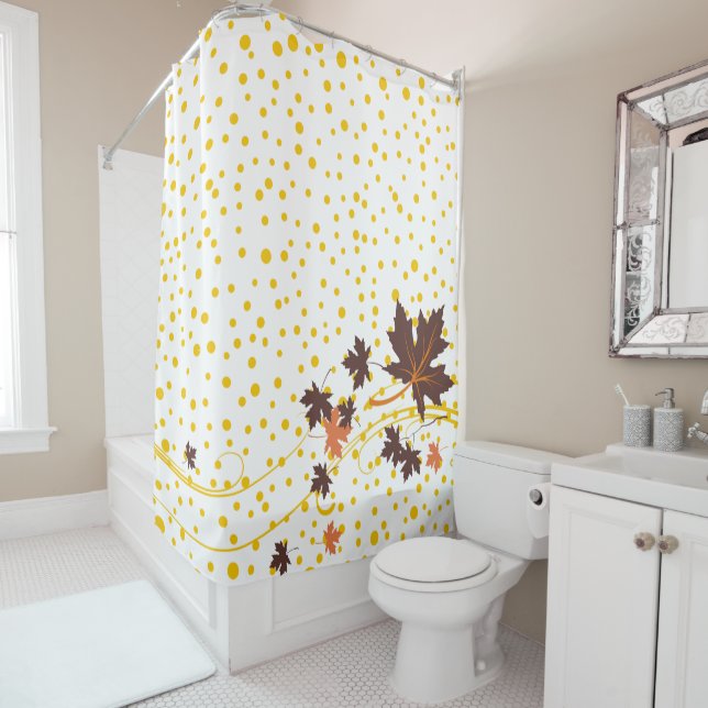 Brown maple leaves and yellow polka dots fall shower curtain (In Situ)
