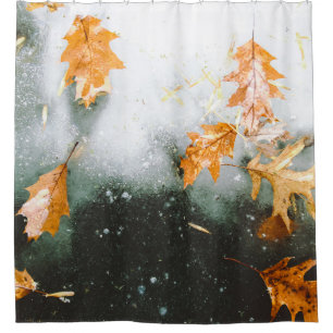 BROWN MAPLE LEAVES ON GLASS SHOWER CURTAIN