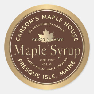 Brown Maple Syrup Label with Gold Border and Leaf
