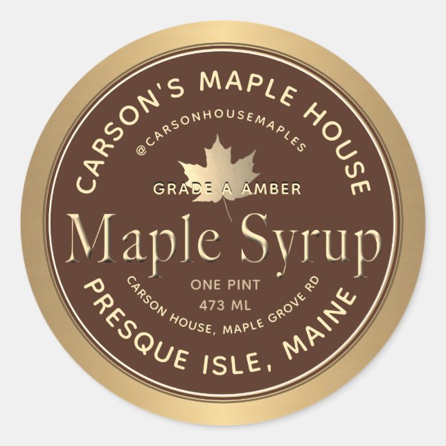 Brown Maple Syrup Label with Gold Border and Leaf (Front)