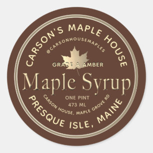 Brown Maple Syrup Label with Gold Border and Leaf