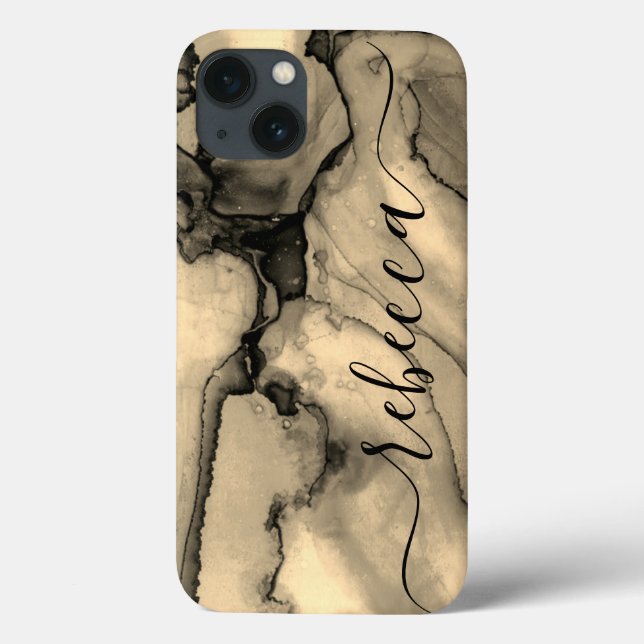 Brown Marble Abstract Personalised Script Name Case-Mate iPhone Case (Back)