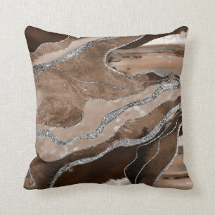 Brown Marble Agate Silver Glitter Glam #1 Cushion
