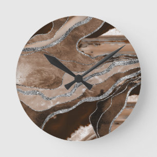 Brown Marble Agate Silver Glitter Glam #1 Round Clock