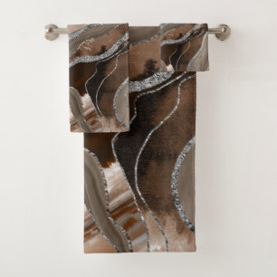 Brown Marble Agate Silver Glitter Glam #2 Bath Towel Set