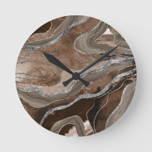 Brown Marble Agate Silver Glitter Glam #2   Round Clock