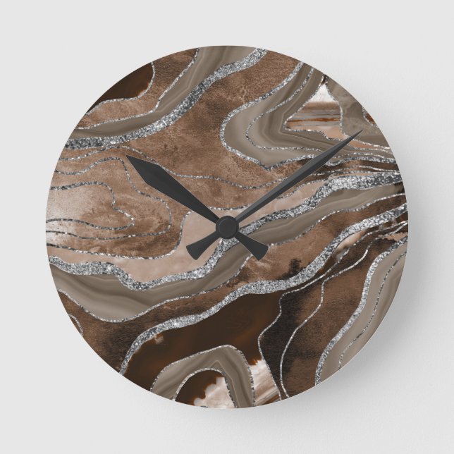 Brown Marble Agate Silver Glitter Glam #2   Round Clock (Front)