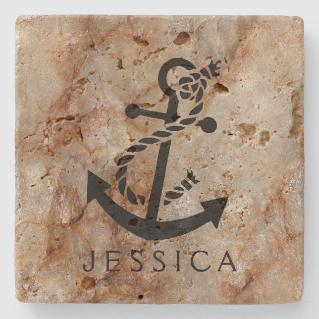 Brown Marble And Black Nautical Boat Anchor Stone Coaster (Front)