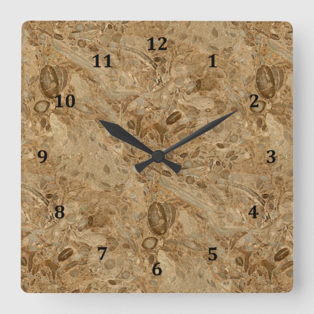 Brown Marble Fossil Look Square Wall Clock (Front)