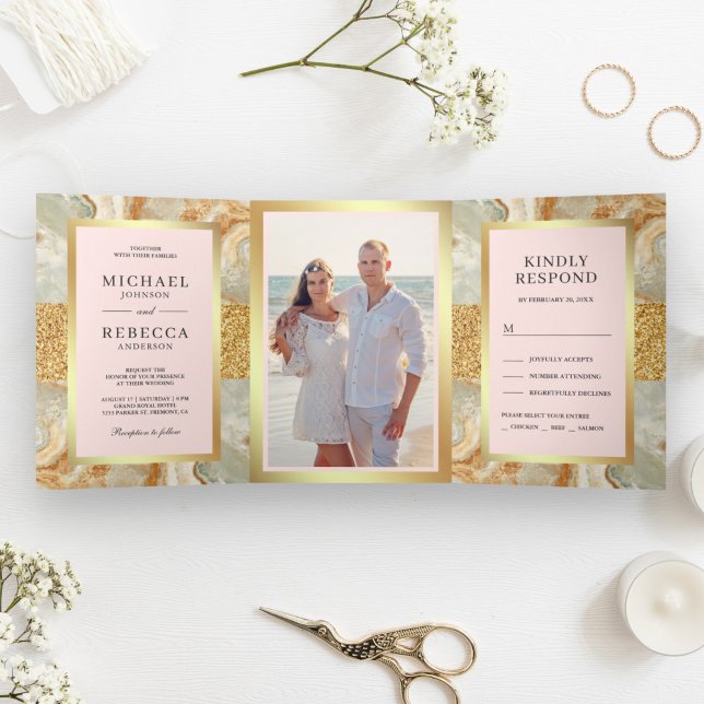 Brown Marble Gold Glitter Blush Pink Wedding Tri-Fold Invitation (Creator Uploaded)