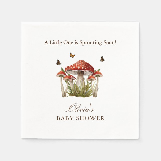 Brown Maroon Mushroom Butterfly Theme Baby Shower Napkin (Front)