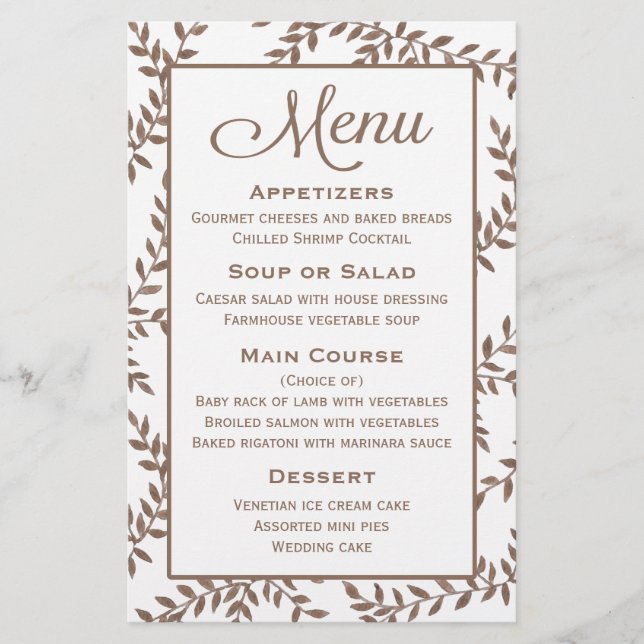 Brown Menu Floral Leaf Watercolor - Wedding Party (Front)