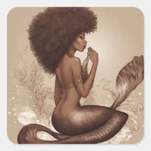 Brown Mermaid Afro Art Print Square Sticker