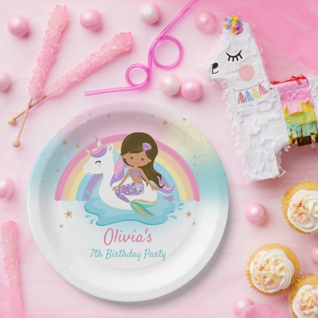 Brown Mermaid and Unicorn Pool Birthday Party  Paper Plate (Party)