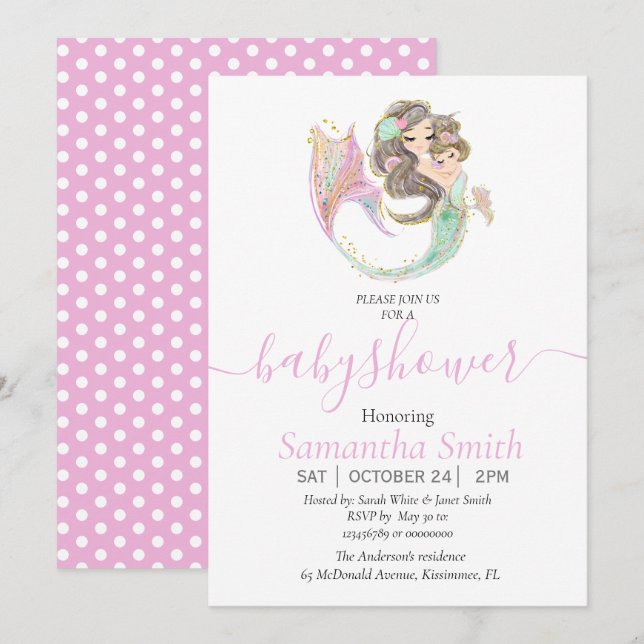 Brown MERMAID BABY SHOWER Pink  Invitation (Front/Back)