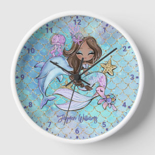 Brown Mermaid Custom Girls Bedroom Wall Clock