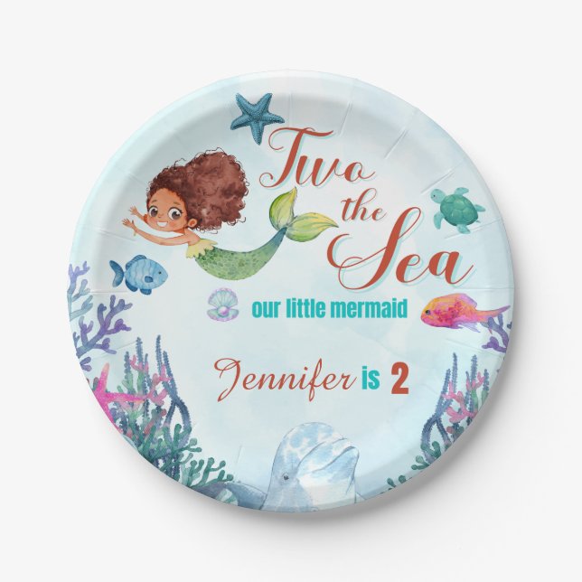 Brown Mermaid Two the Sea Girls 2nd Birthday Paper Plate (Front)