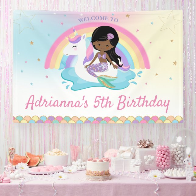 Brown Mermaid Unicorn Pool Birthday Welcome  Banner (Party)