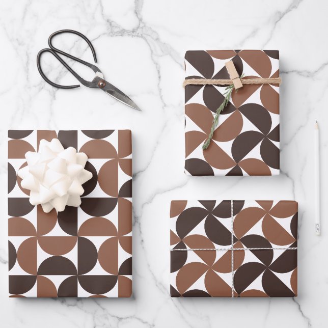 Brown Mid Century Modern Pattern Wrapping Paper Sheet (Front)