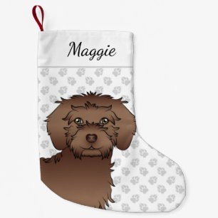 Brown Mini Goldendoodle Cartoon Dog Head & Name Small Christmas Stocking