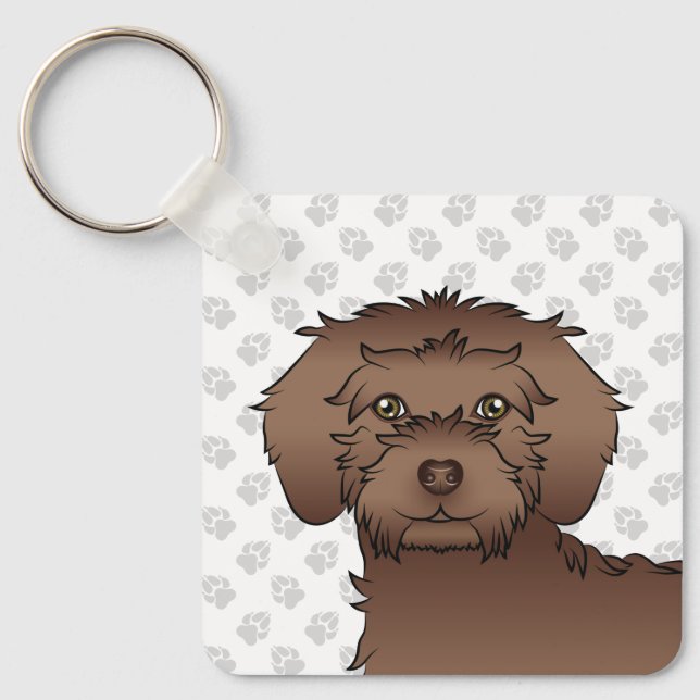 Brown Mini Goldendoodle Cartoon Dog & Name Key Ring (Front)