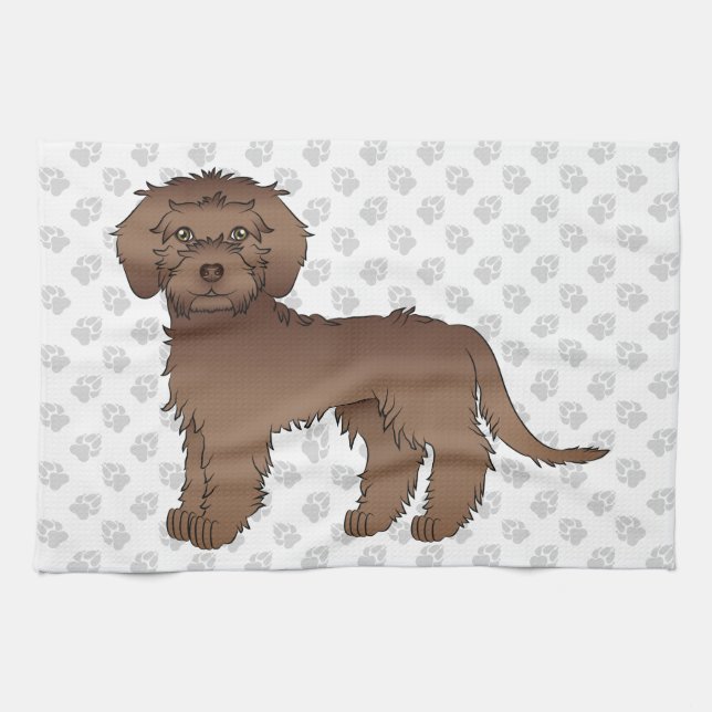 Brown Mini Goldendoodle Cute Cartoon Dog & Paws Tea Towel (Horizontal)