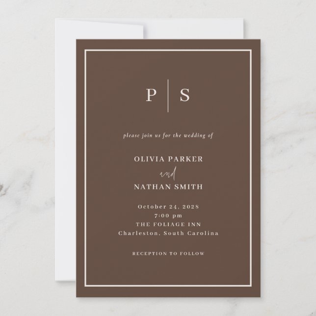 Brown Minimal and Chic Creamy White Border Wedding Invitation (Front)