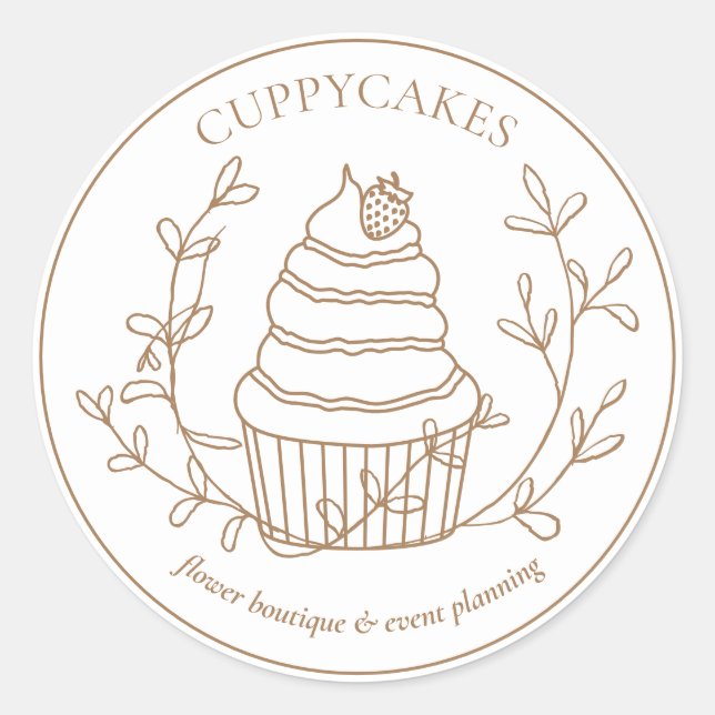 Brown Minimal Floral Bakery Strawberry Cupcake Classic Round Sticker (Front)