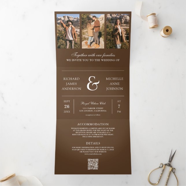 Brown Minimal Photo Collage QR Code Wedding Tri-Fold Invitation (Inside)