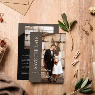 Brown Minimalist Black Photo Personalised Wedding Invitation