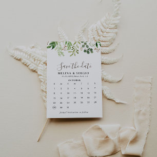Brown Minimalist Green Leaf Save the Date Calendar