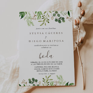 Brown Minimalist Green Leaves Boda Wedding  Invitation