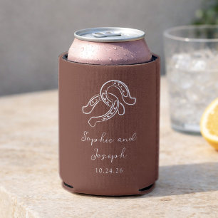 Brown Minimalist Horseshoe   Rustic Wedding Can Cooler