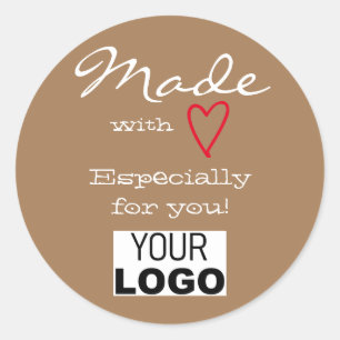 Brown Minimalist Made with Love Red Heart Logo Classic Round Sticker