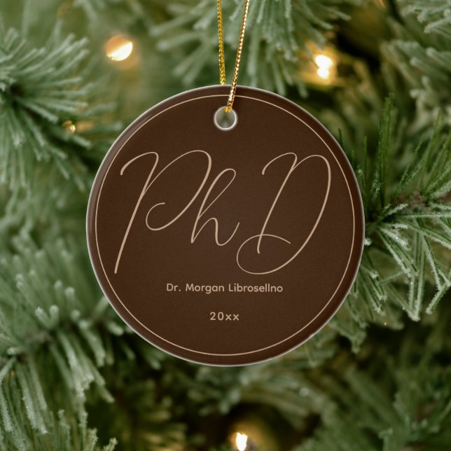 Brown Minimalist Name PhD Graduation Ceramic Ornament (Tree)