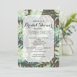 Brown Mint Green Tropical Leaves Bridal Shower Invitation