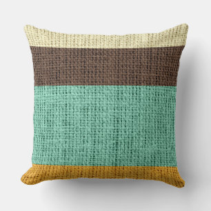 Brown Mint Yellow Stripes Burlap Linen Rustic Jute Cushion