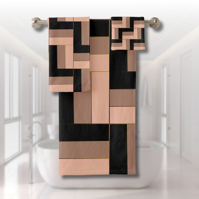 Brown Mocha Black Geometric Rectangles Bath Towel Set (Creator Uploaded)