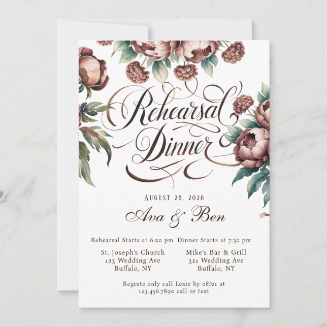 Brown Mocha Peony Calligraphy Rehearsal Dinner Invitation (Front)