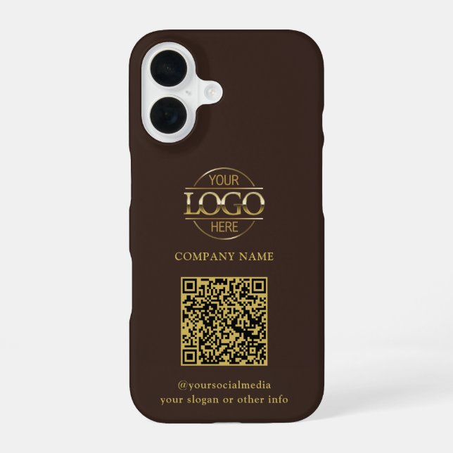 Brown Modern Business Logo & QR Code Promotional iPhone 16 Case (Back)
