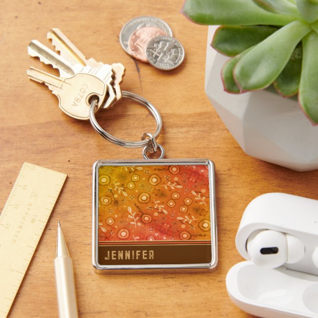 Brown Modern Floral Custom NameContact  Key Ring (Desk)